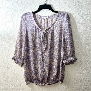 Banana Republic Purple Periwinkle Tan Floral Ruffle 3/4 Sleeves Blouse Tops